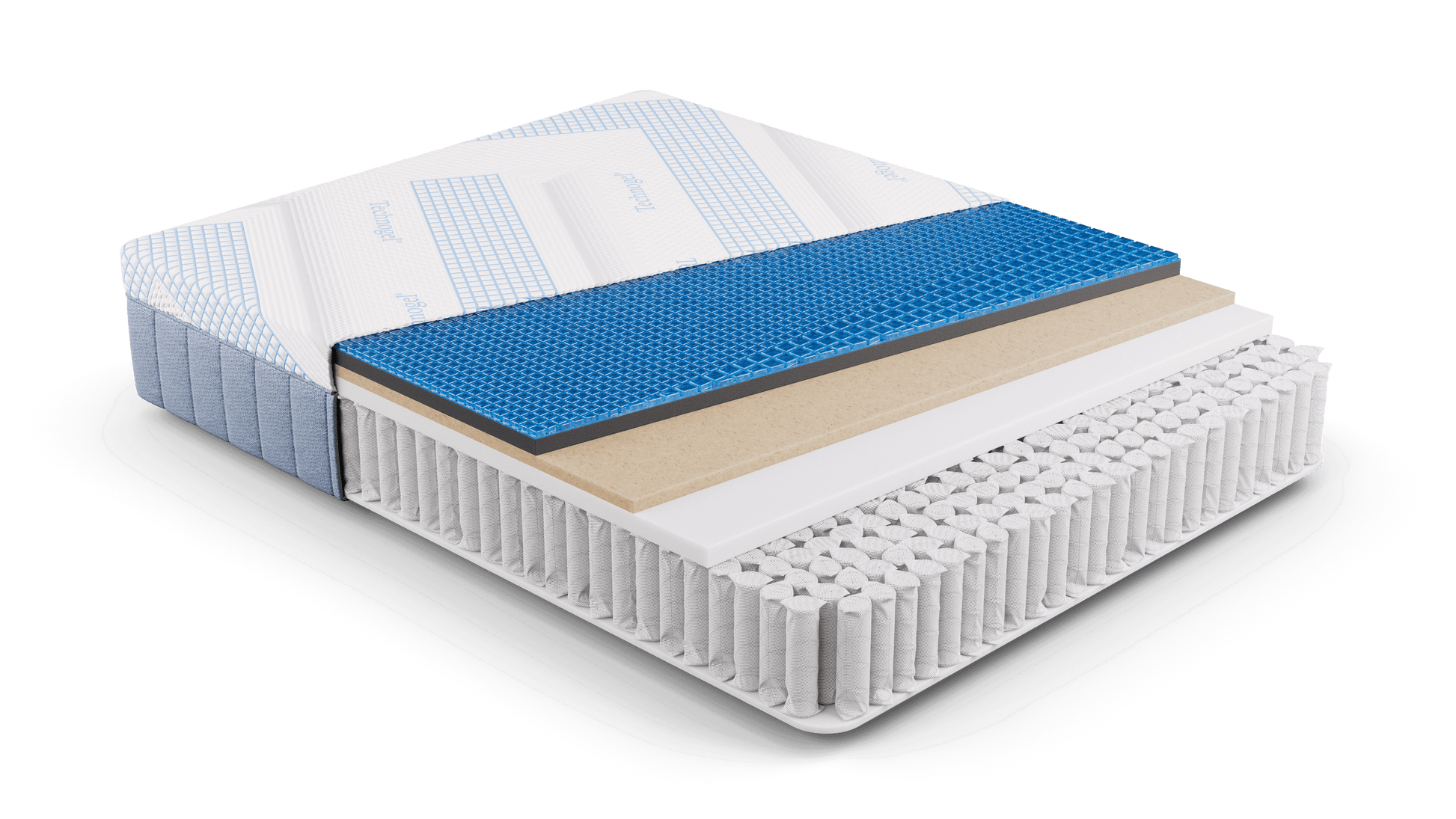 Cross-section view of Diamond Technogel® Melodia 14" Medium Firm Hybrid Mattress showcasing layers and materials.