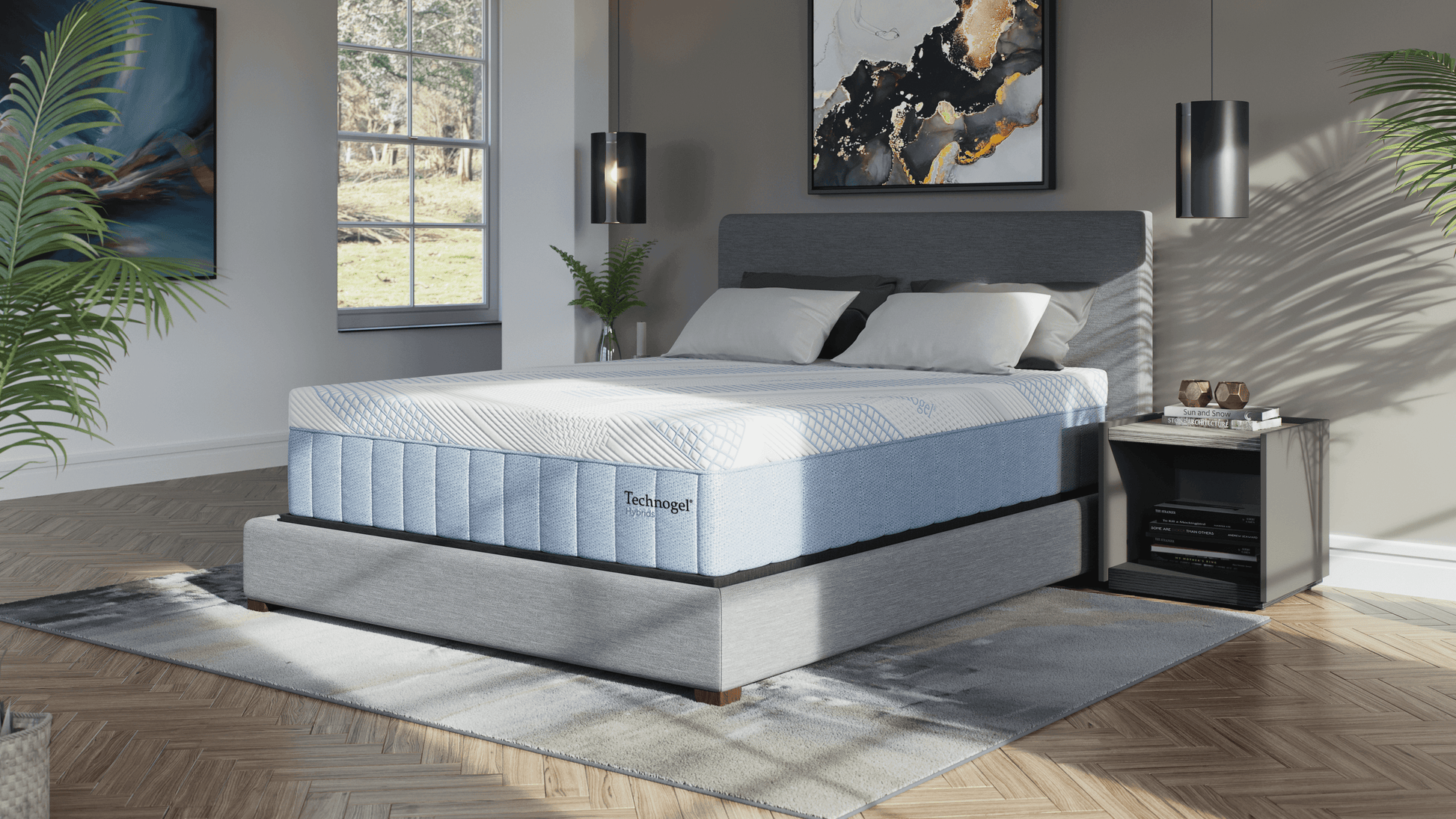 Diamond Technogel® Melodia 14" hybrid mattress in modern bedroom setting with natural light and stylish decor.