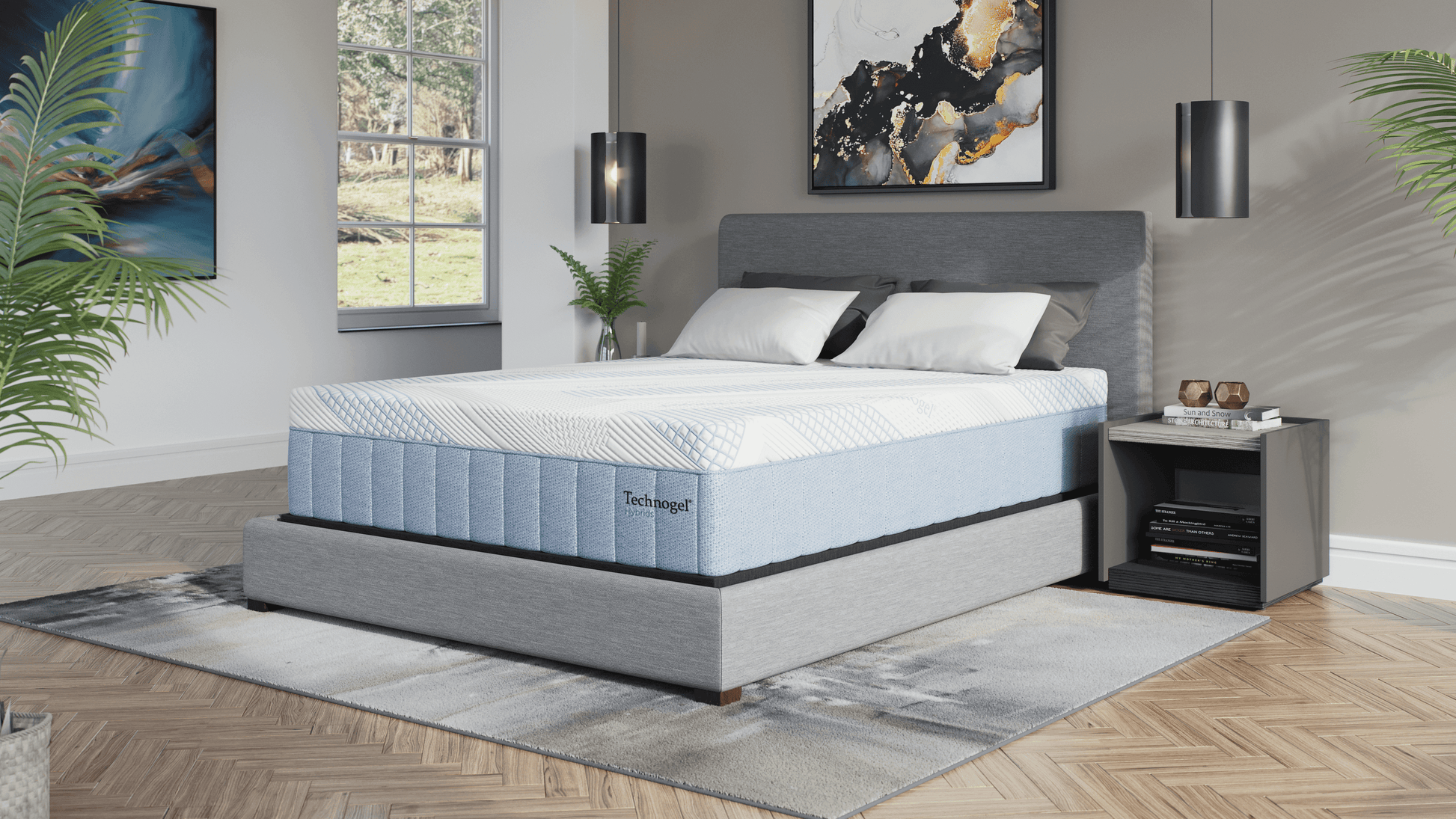 Diamond Technogel® Melodia 14" medium firm hybrid mattress displayed in a modern bedroom setting.