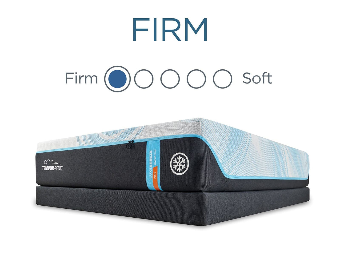 Tempur-Pedic TEMPUR-LuxeBreeze® Firm mattress showcasing its firmness rating and cooling design features.