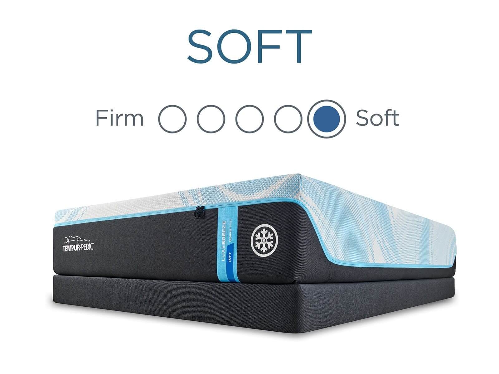 Tempur-Pedic TEMPUR-LuxeBreeze® Soft mattress showcasing soft comfort rating and cooling technology design.
