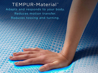 Hand pressing on TEMPUR-Material demonstrating adaptability, motion transfer reduction, and comfort benefits.