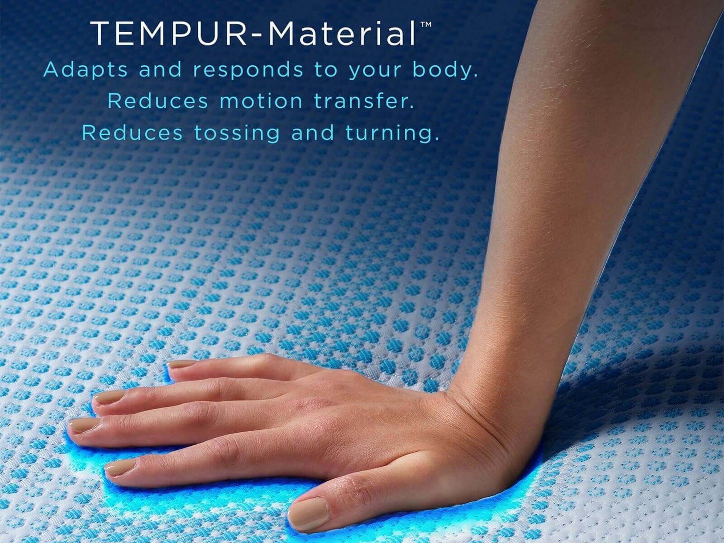 Hand pressing on TEMPUR-Material™ showcasing its adaptive and motion-reducing properties for improved sleep comfort.
