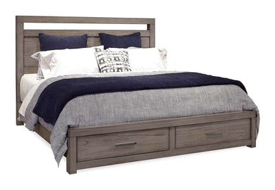 Modern Loft Greystone Panel Bed with storage drawers and stylish bedding in a contemporary bedroom setting.