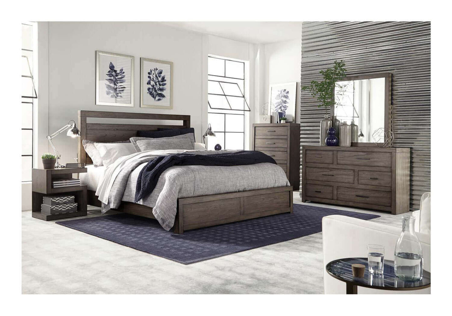 Modern Loft Greystone Panel Bed set in a stylish bedroom with matching furniture and nature-inspired decor.