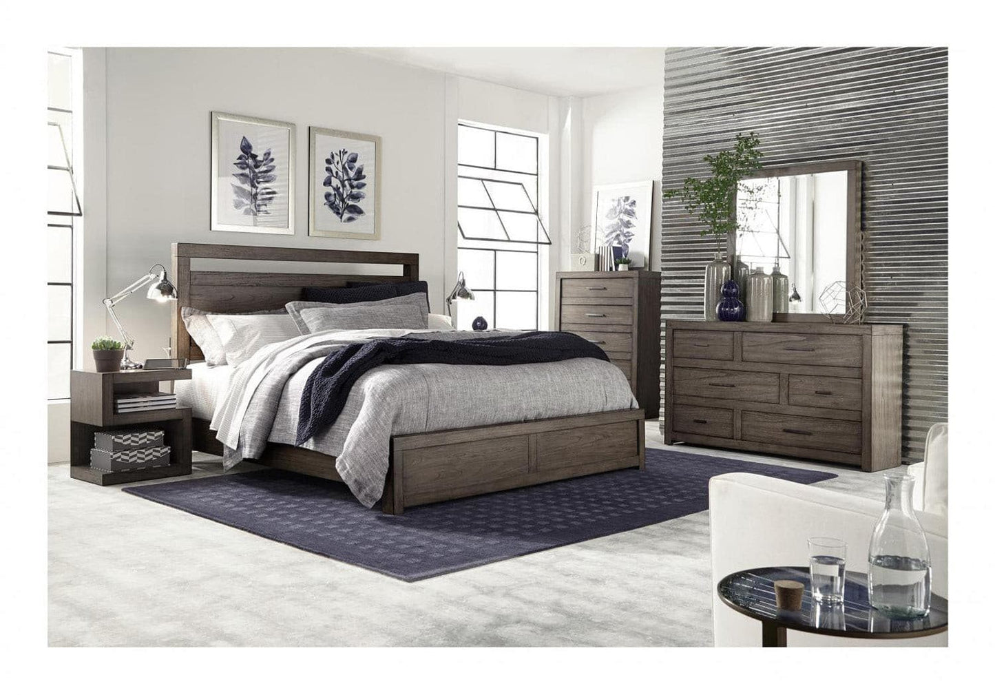Modern Loft Collection Graystone Chest in a stylish bedroom with a graystone finish and aged bronze hardware.