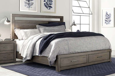 Modern Loft Greystone Storage Panel Bed with stylish design and cedar-lined drawers, enhancing bedroom comfort and organization.