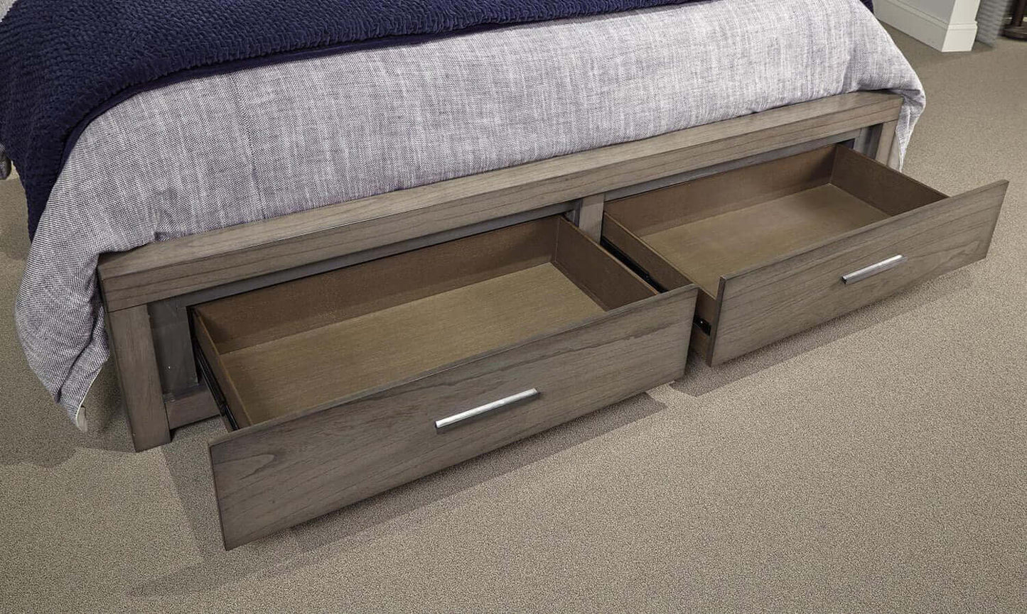 Modern Loft Greystone storage panel bed with open cedar-lined drawers for convenient under-bed storage.