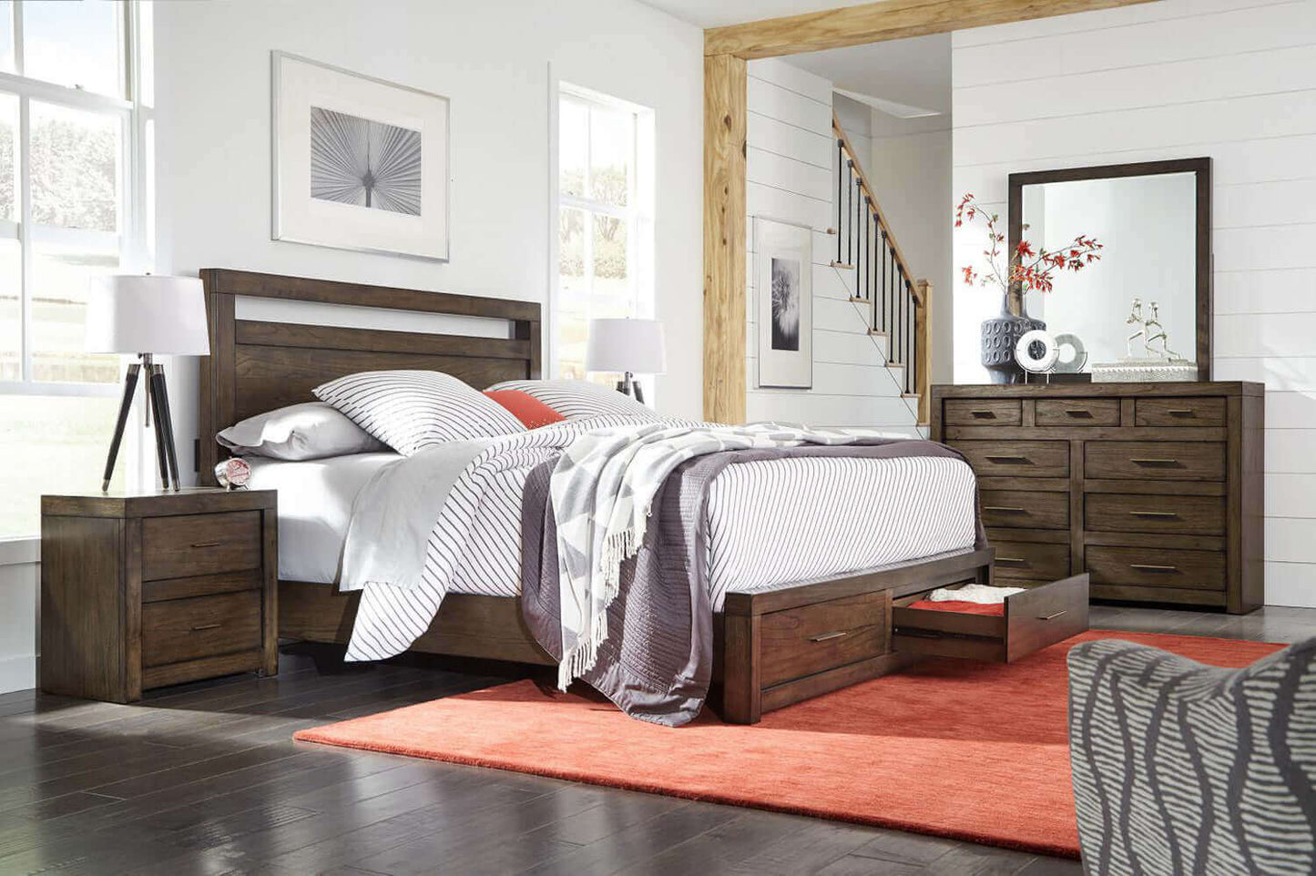 Modern Loft Collection Brownstone Storage Panel Bed in a stylish bedroom setting with nightstands and dresser.