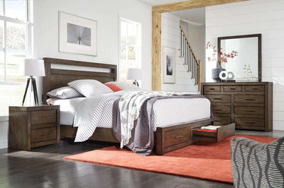 Modern Loft Collection Brownstone Storage Panel Bed in a stylish bedroom setting with nightstands and dresser.