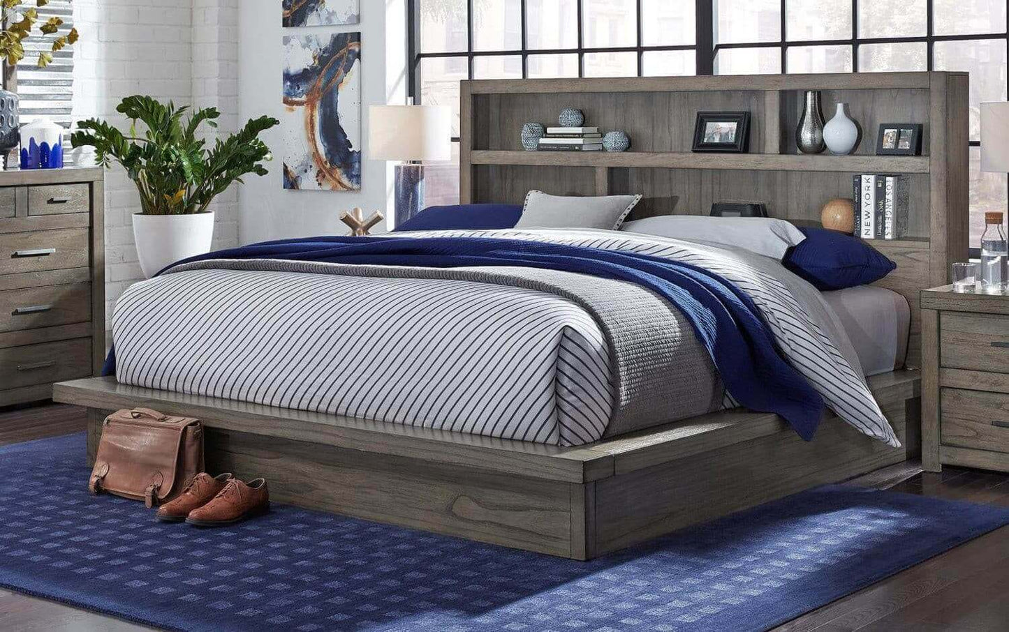 Modern Loft Graystone Platform Panel Bed with striped bedding in a stylish bedroom setting.