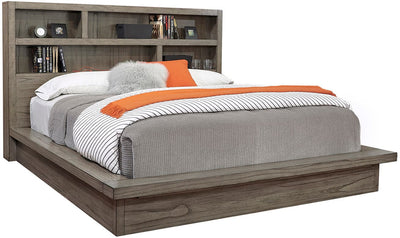 Modern Loft Collection graystone platform panel bed with storage, featuring stylish design and comfortable bedding.
