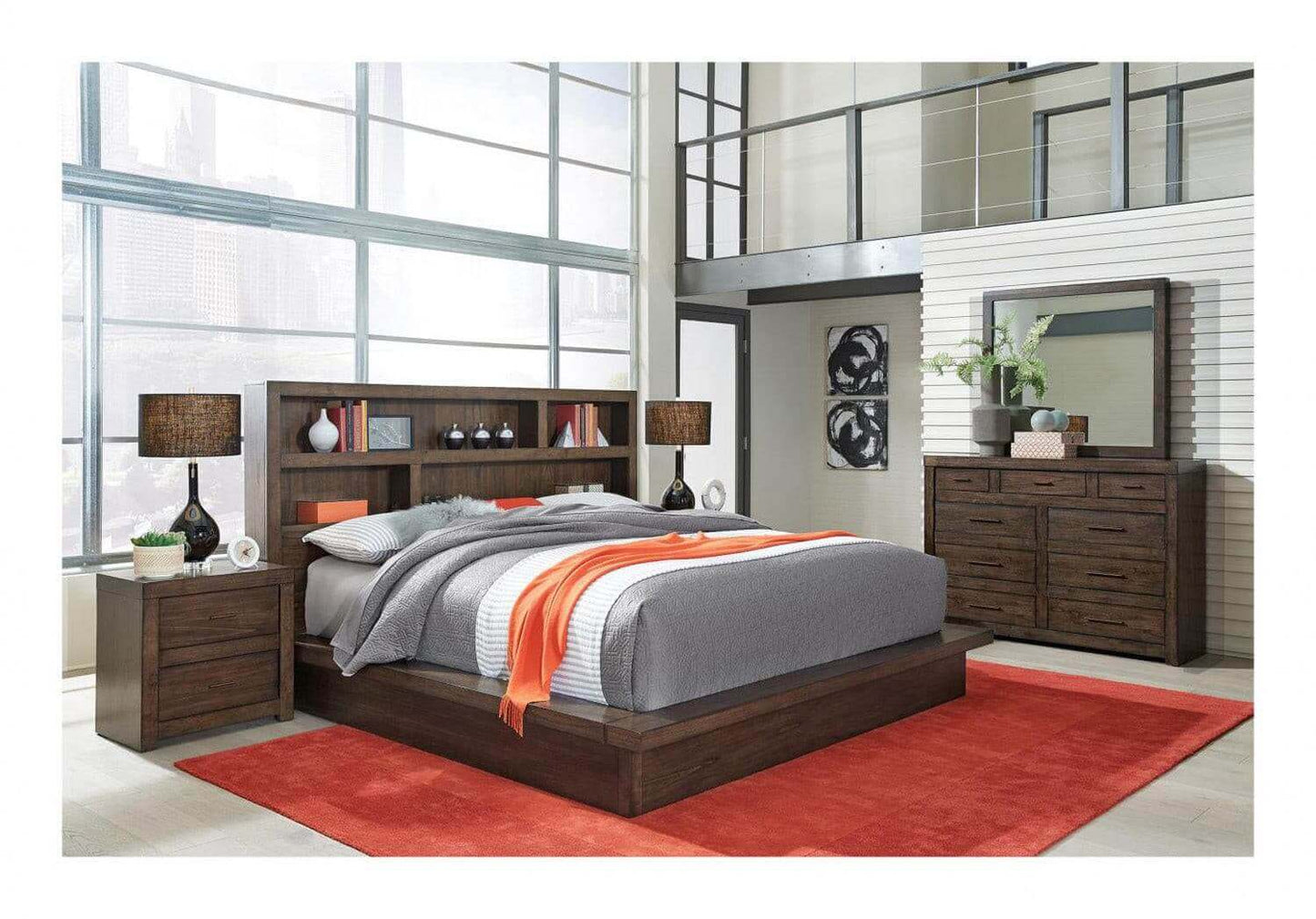 Modern loft bedroom featuring a brownstone nightstand, stylish bed, and dresser against large windows.