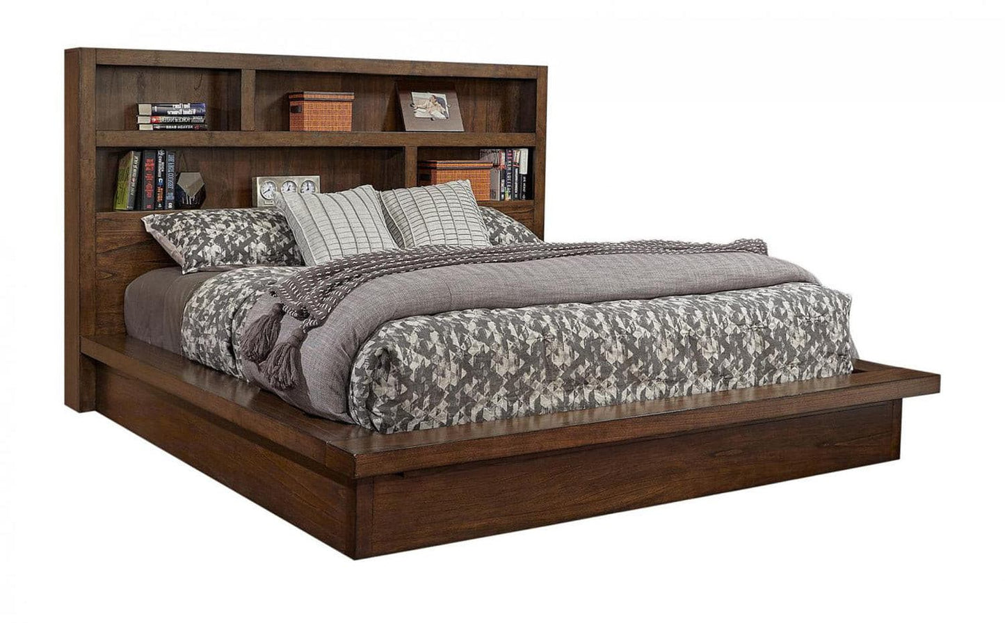 Modern Loft Brownstone Platform Bed with storage, featuring a stylish headboard and cozy bedding in a contemporary design.