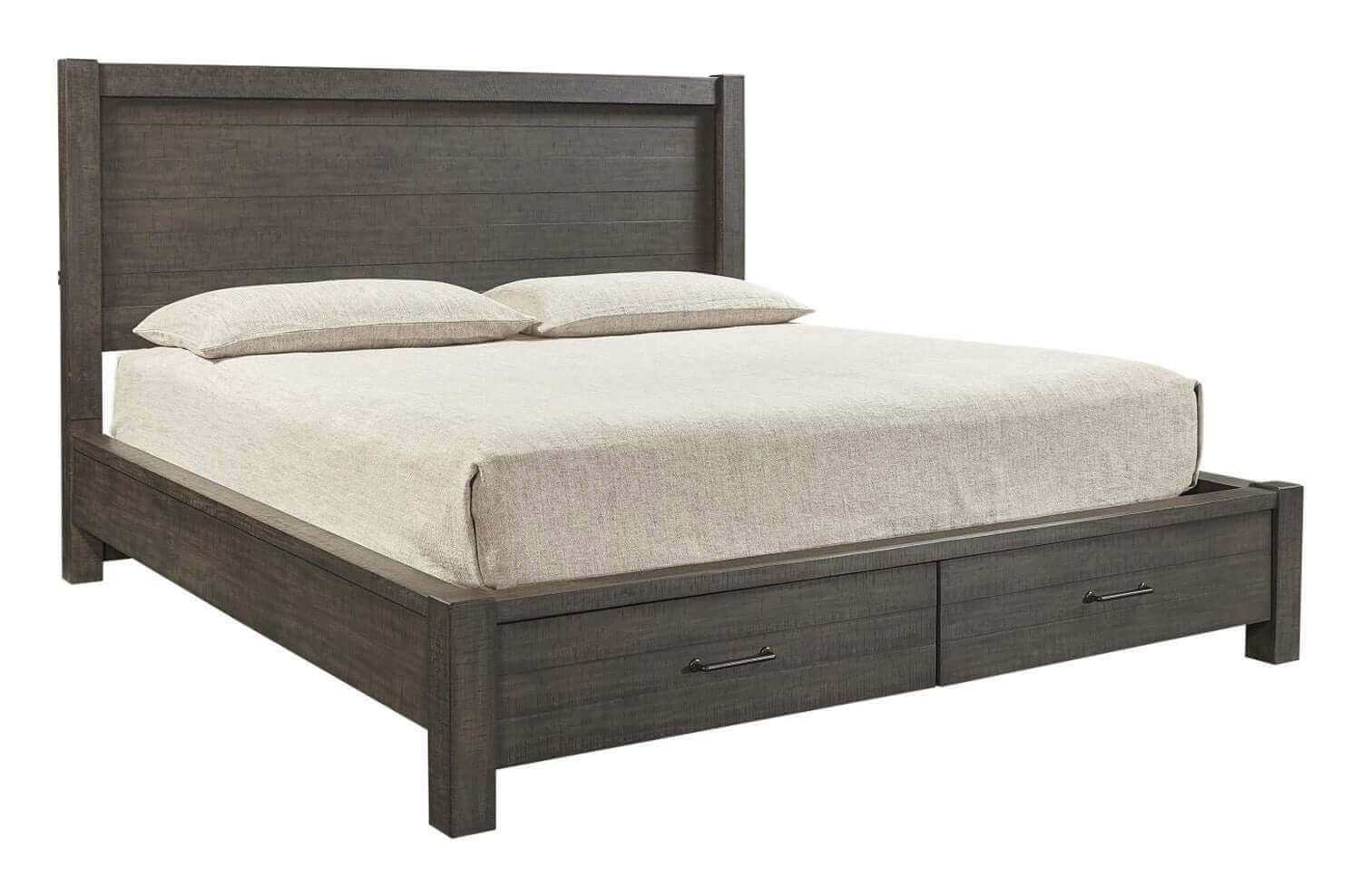 Mill Creek Collection Carob Storage Panel Bed with cedar-lined drawers and a stylish, transitional design.