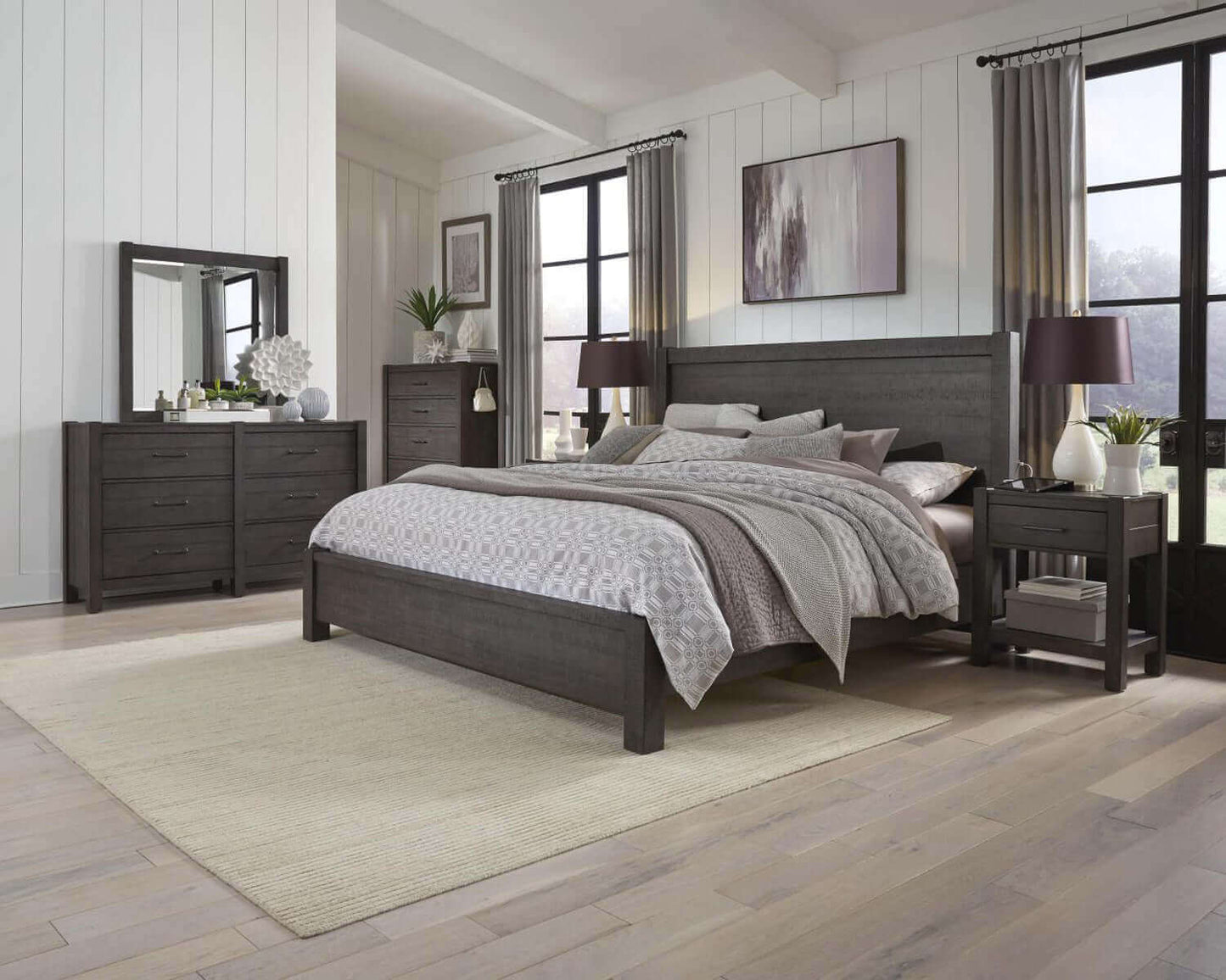 Modern Mill Creek Collection Carob Panel Bed in stylish bedroom setting with dresser and nightstands, showcasing transitional design.
