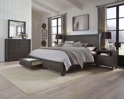 Modern bedroom setup featuring a grey bed, dresser, and nightstands, with large windows and stylish decor.