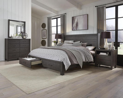 Mill Creek Collection bedroom featuring a carob nightstand, stylish decor, and spacious layout in a modern transitional design.