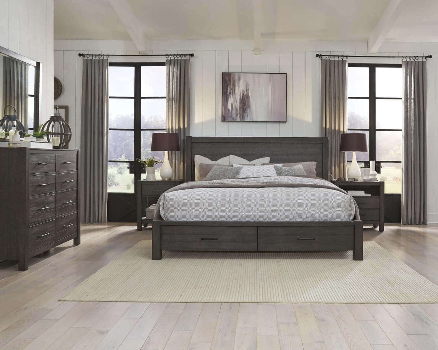 Mill Creek Collection Carob Storage Panel Bed in a stylish bedroom setting with modern decor and natural light.