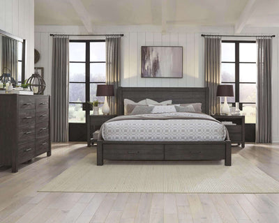 Mill Creek Collection Carob Storage Panel Bed in a stylish bedroom setting with modern decor and natural light.
