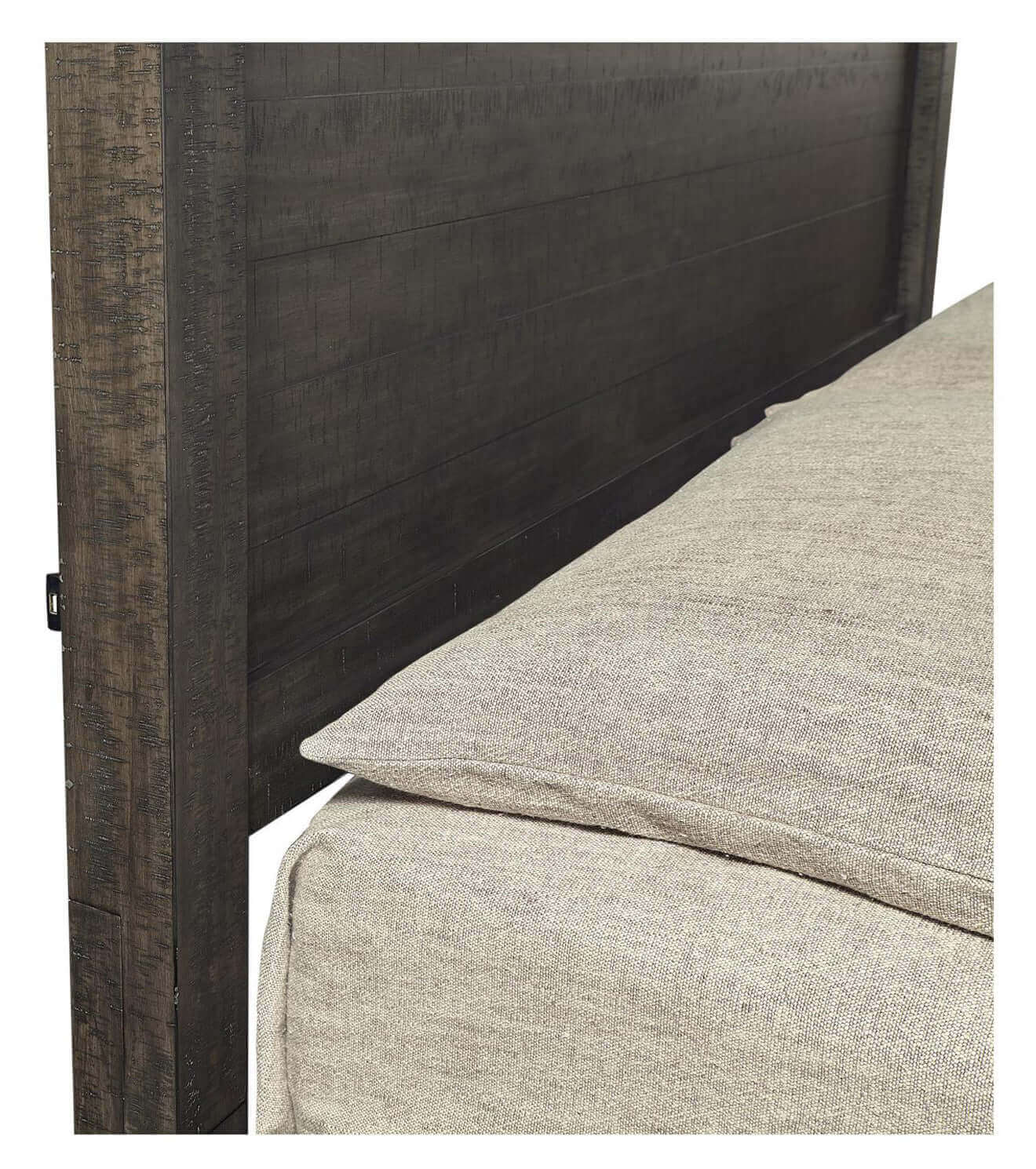 Mill Creek Collection Carob Storage Panel Bed headboard close-up with soft beige bedding, showcasing quality craftsmanship.