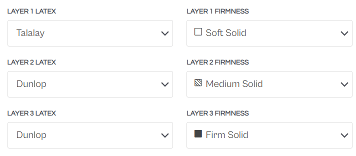 Layer options for organic mattress with Talalay and Dunlop latex in varying firmness levels.