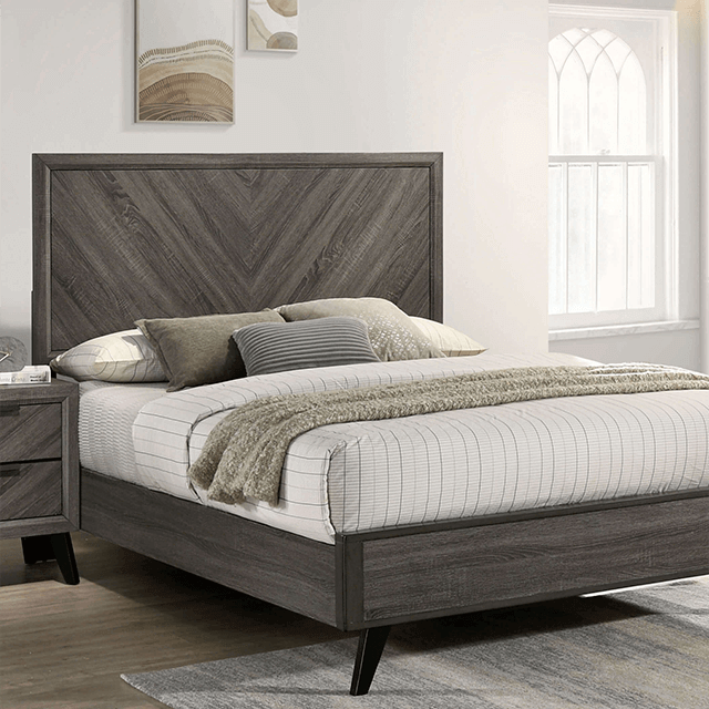 Vagan Chevron Gray Bed featuring a stylish gray finish and V-shaped chevron pattern on the headboard and modern angled legs.