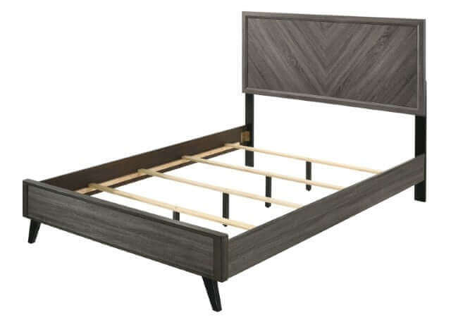 Vagan Chevron Gray Bed featuring a stylish chevron pattern, sleek black legs, and contemporary design elements.