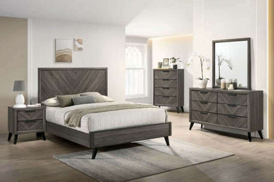 Vagan Chevron Gray Bed with stylish V-shaped headboard and matching case goods in a modern bedroom setting.