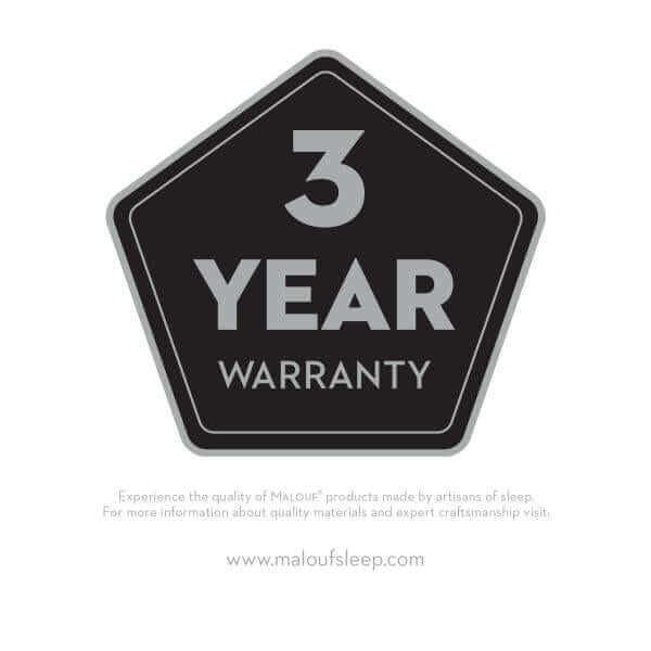 3-year warranty badge for Malouf products highlighting quality and craftsmanship.