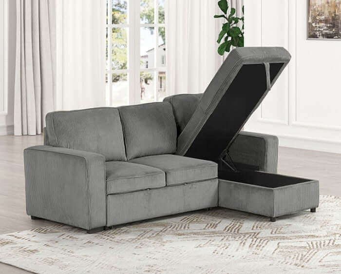 Yves Corduroy Sectional Sofa in dark gray with storage chaise, showcasing its sleek design and functionality.