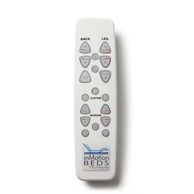 Southerland InMotion G94 adjustable bed base remote control with buttons for back, leg, massage, and custom settings.