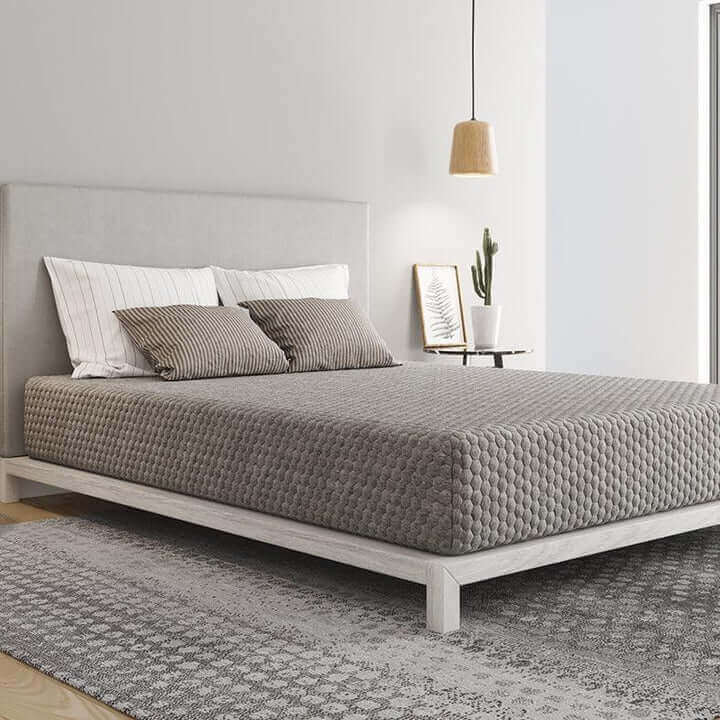 Diamond Align Gel Memory Foam 8" Firm Mattress on a stylish bed frame in a modern bedroom setting.