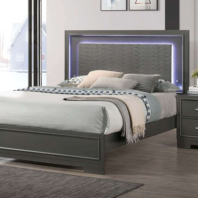 Alison Metallic Gray Platform Bed with LED light behind textured headboard, featuring modern design and gray finish.