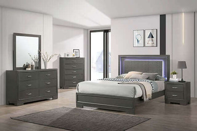 Stylish bedroom featuring Alison Metallic Gray Platform Bed with LED-lit headboard and modern furniture ensemble.