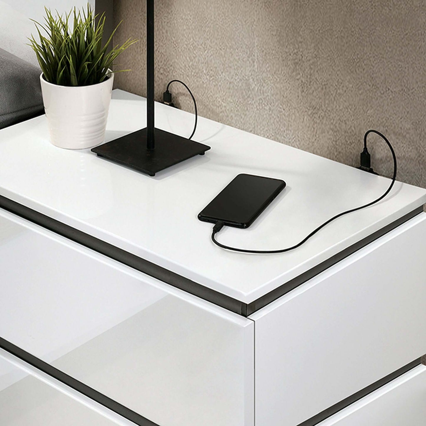 Birsfelden Night Stand With USB In White and Gray