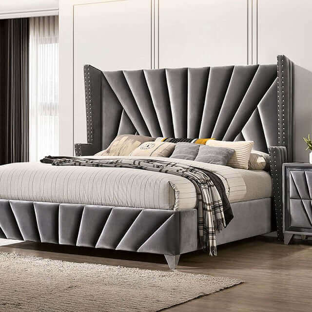 Elegant Carissa Gray Velvet Art Deco Bed with unique vintage-inspired headboard and luxurious upholstery.
