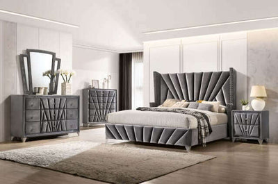 Gray velvet Art Deco bed set featuring stylish headboard, matching nightstand, dresser, and elegant mirror.