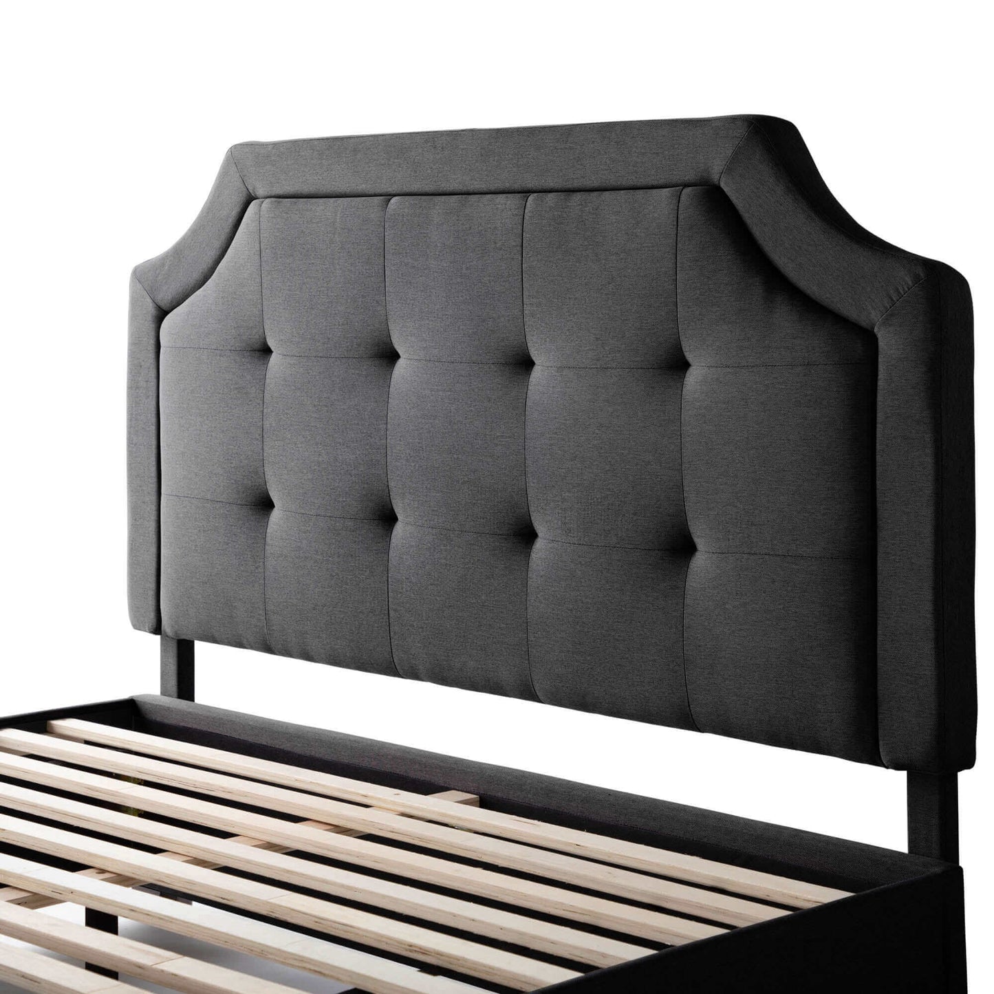 Malouf Carlisle Charcoal Gray Headboard with plush tufted upholstery and modern design, showcasing classic comfort and style.