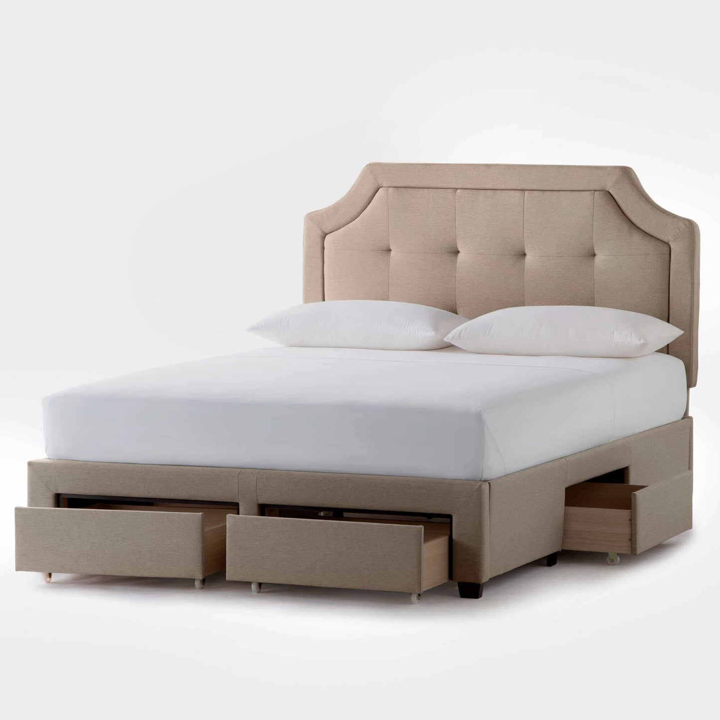 Malouf Carlisle oat beige headboard with plush tufted upholstery and a matching platform bed with storage drawers.
