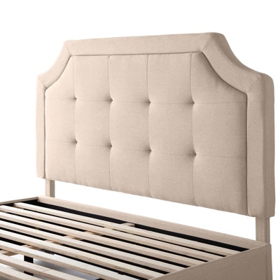 Malouf Carlisle oat beige headboard with tufted upholstery and classic design for cozy bedroom styling.