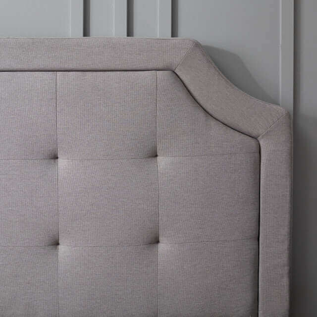 Malouf Carlisle Stone Gray Headboard featuring plush tufted upholstery and modern design details.