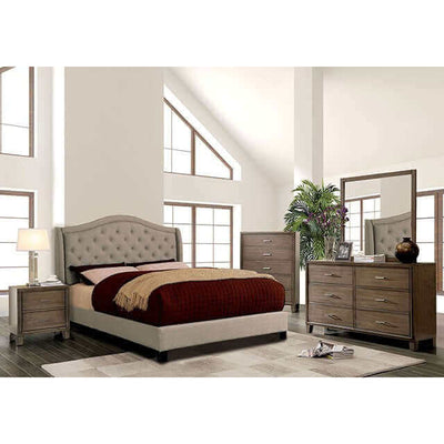 Contemporary bedroom featuring a button tufted platform bed with warm gray tones and elegant furniture decor.