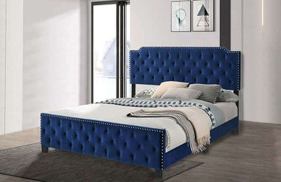 Charlize Navy tufted contemporary bed with button detailing and nailhead trim in a stylish modern bedroom setting.
