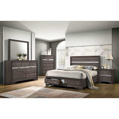 Contemporary gray bedroom set featuring a stylish dresser, nightstand, and elegant mirror in a bright, modern space.