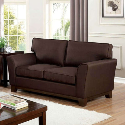 Caldicot Transitional Brown Loveseat in modern living room with flared arms and box cushions, perfect for casual elegance.