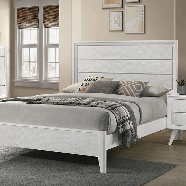 Modern Dortmund White Panel Bed featuring wave texture headboard and stylish nightstand in cozy bedroom setting.