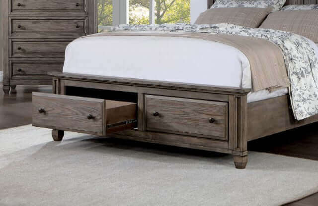 Durango Storage Bed with elegant headboard and two cedar wood drawers offering ample storage space, perfect for transitional decor.