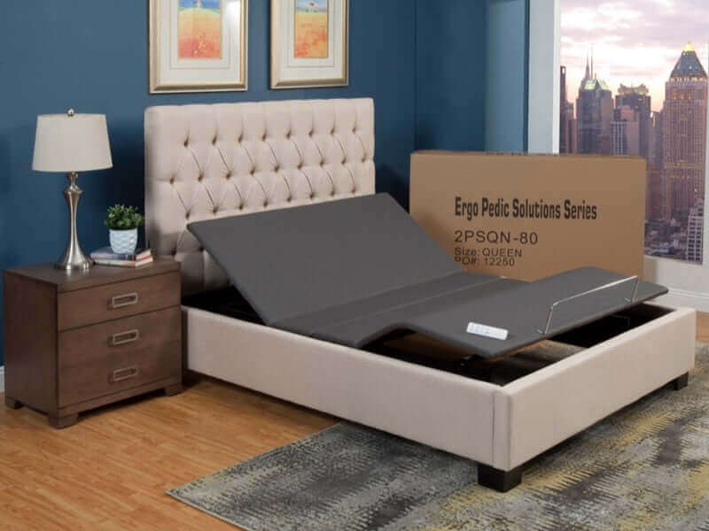 Ergo-Pedic Solutions II Adjustable Bed Base showcasing head and feet adjustability in a stylish bedroom setting.