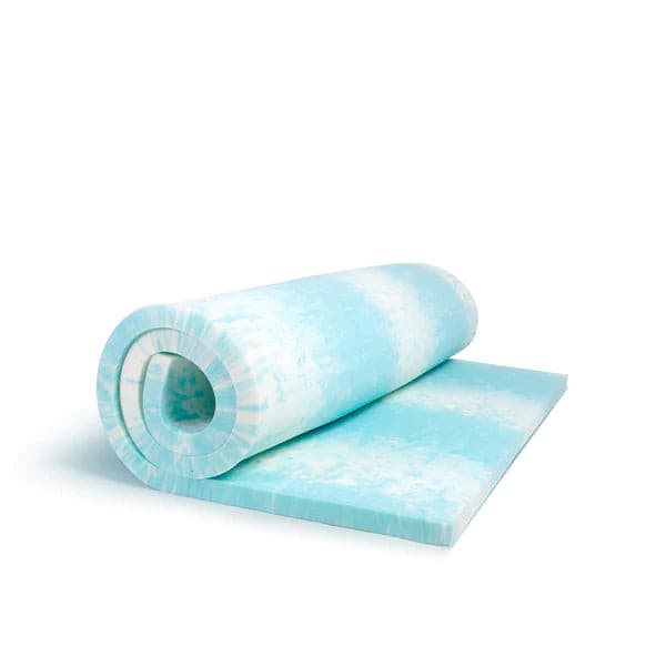 Rolled temperature-regulating gel memory foam mattress topper in blue, showcasing its soft design and environmentally friendly materials.
